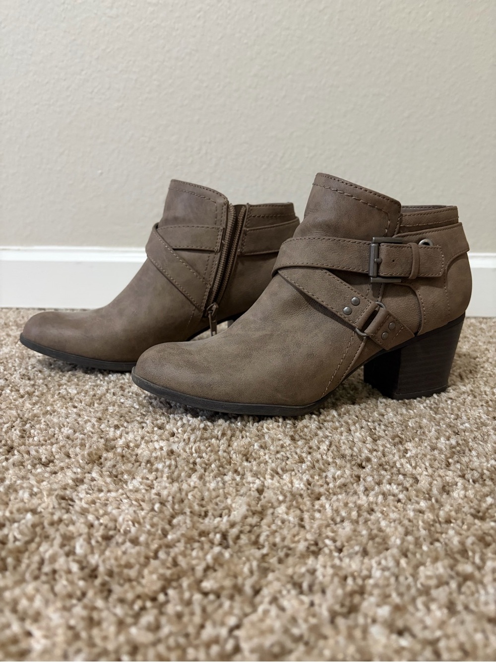 Indigo Taupe Ankle Booties with Buckle Strap